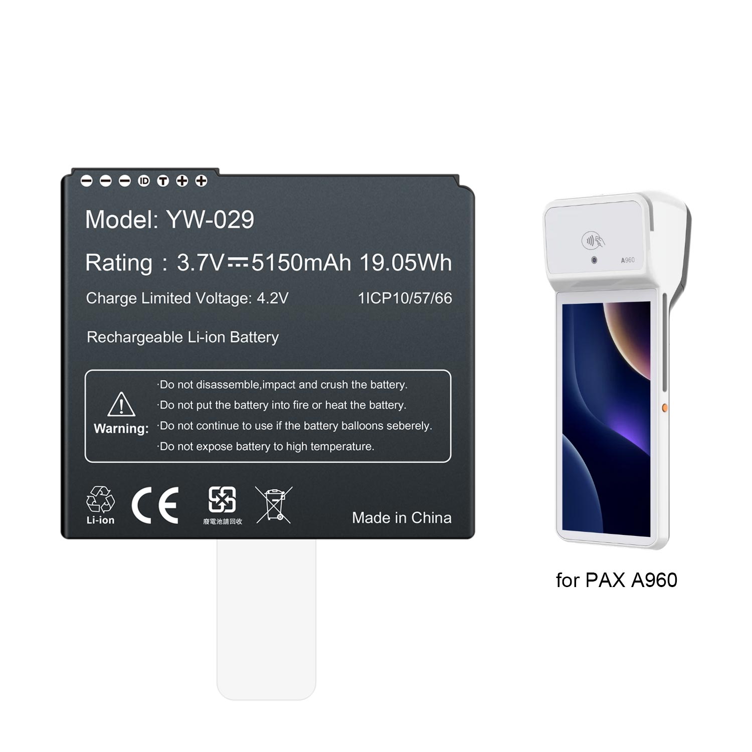 3.7V 5150mAh Rechargeable Lithium ion PAX Handheld POS Terminal Battery YW-029 for PAX A960